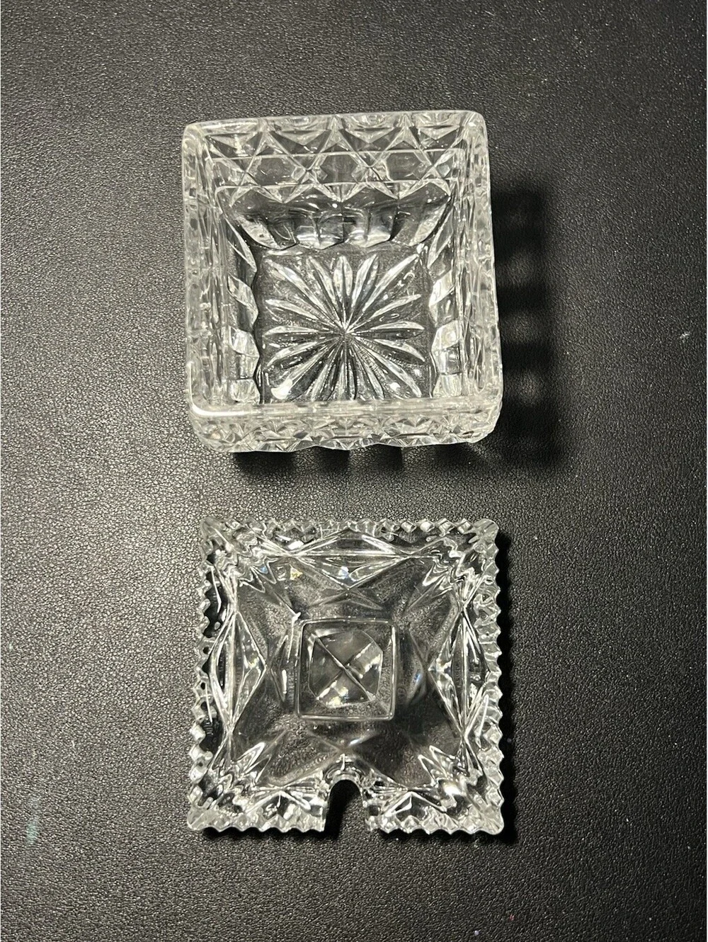 1950s Diamond Point Pressed Crystal Lidded Sugar Bowl Square Flared, 3x5”